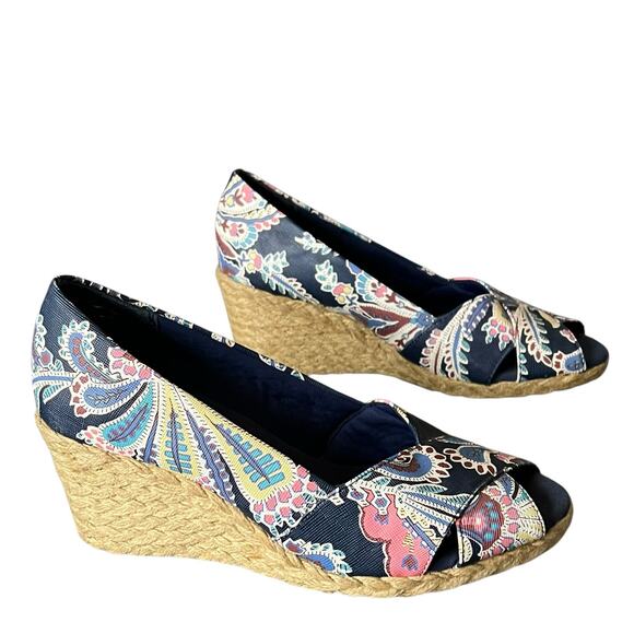 Chaps Espadrille Wedges Women 7.5 Blue Floral Slip On Peep Toe Shoes Boho Resort - Picture 4 of 12